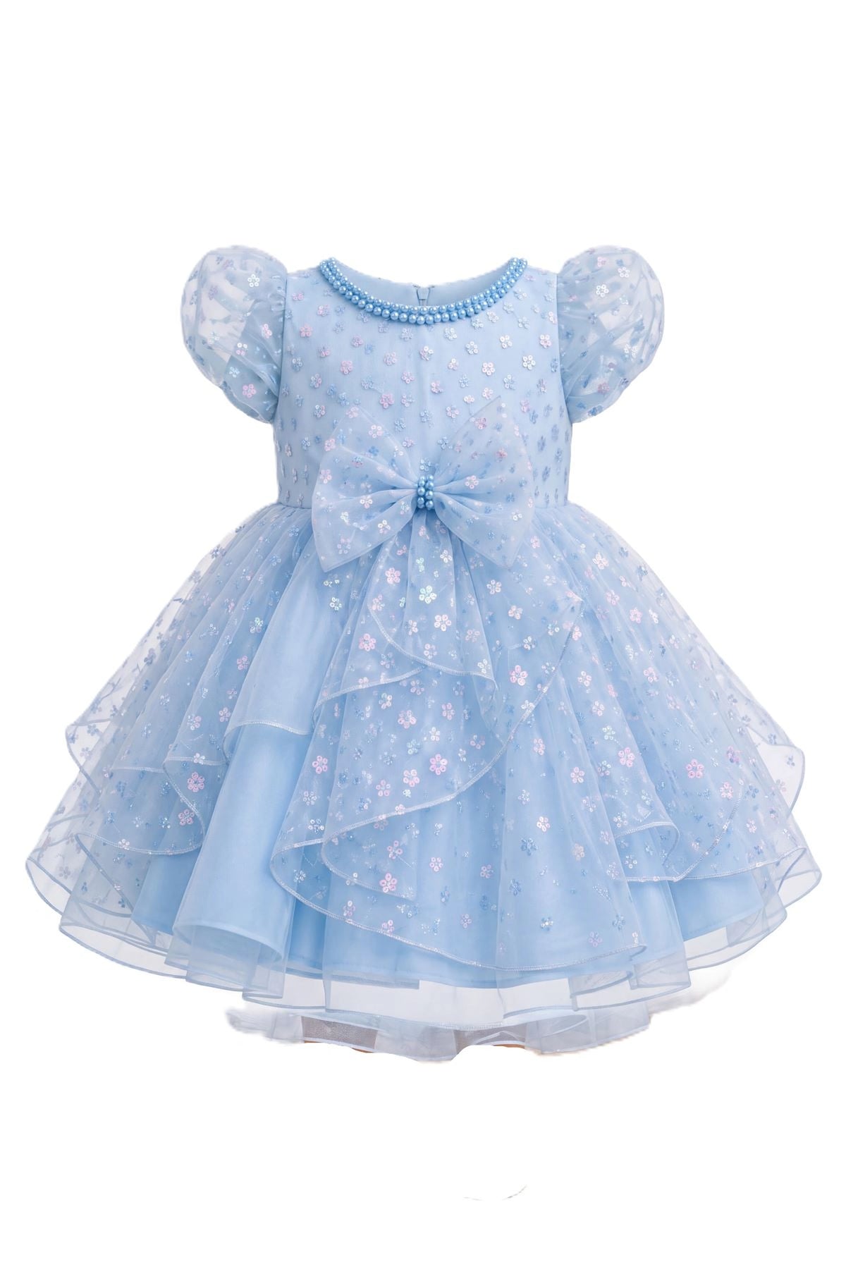 Layered shaping highlights a pearl-trimmed neckline on the Blue kids dress.