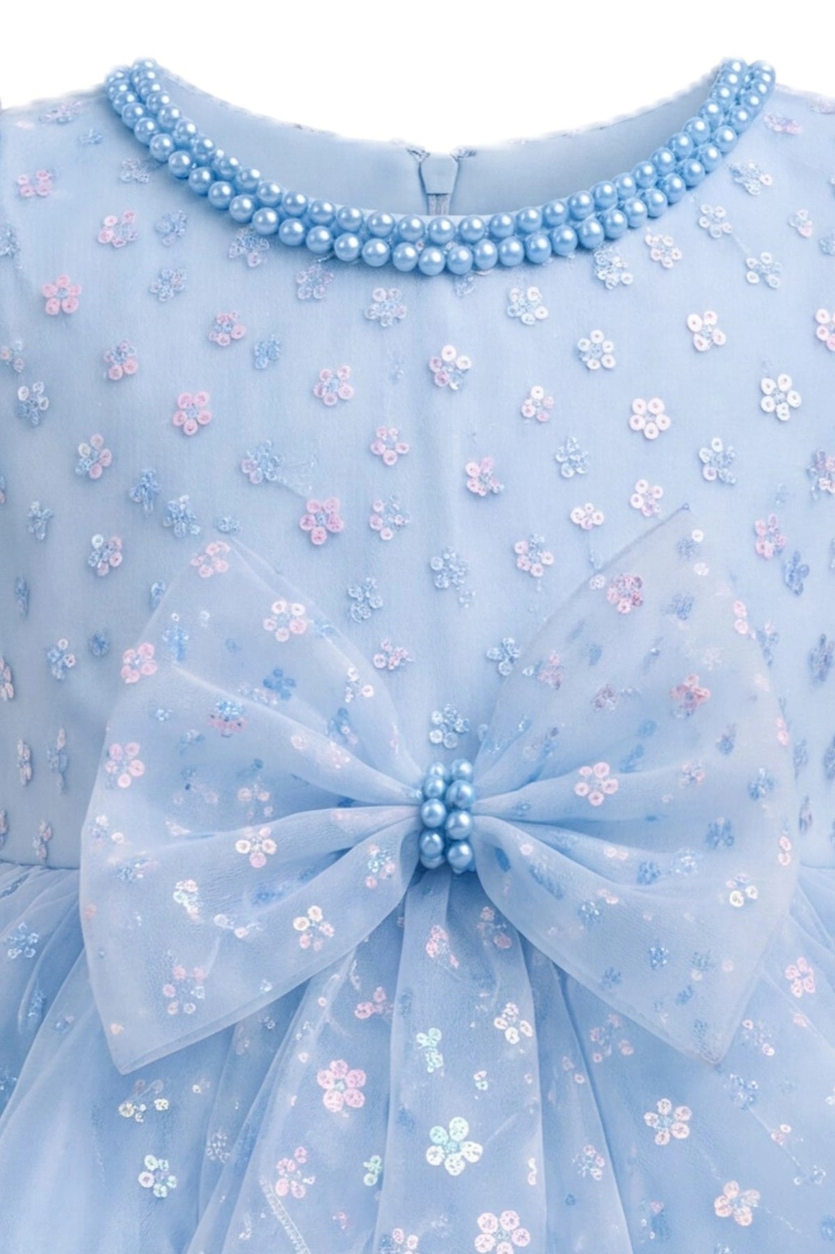 Detailed a flower-patterned waist bow complements the Blue kids dress.