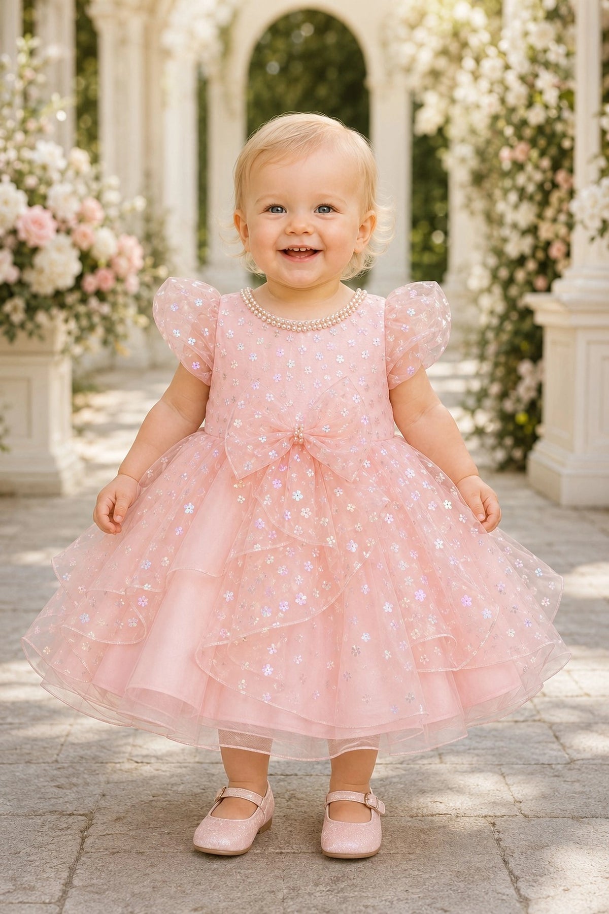 Showcasing a pearl-trimmed neckline, this Blush kids dress has a full skirt.