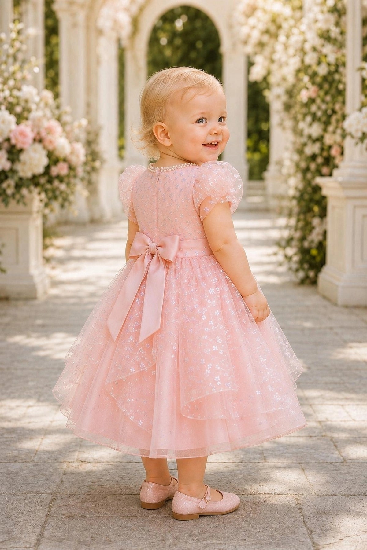 Tied at the back, the Blush kids dress features a large bow.