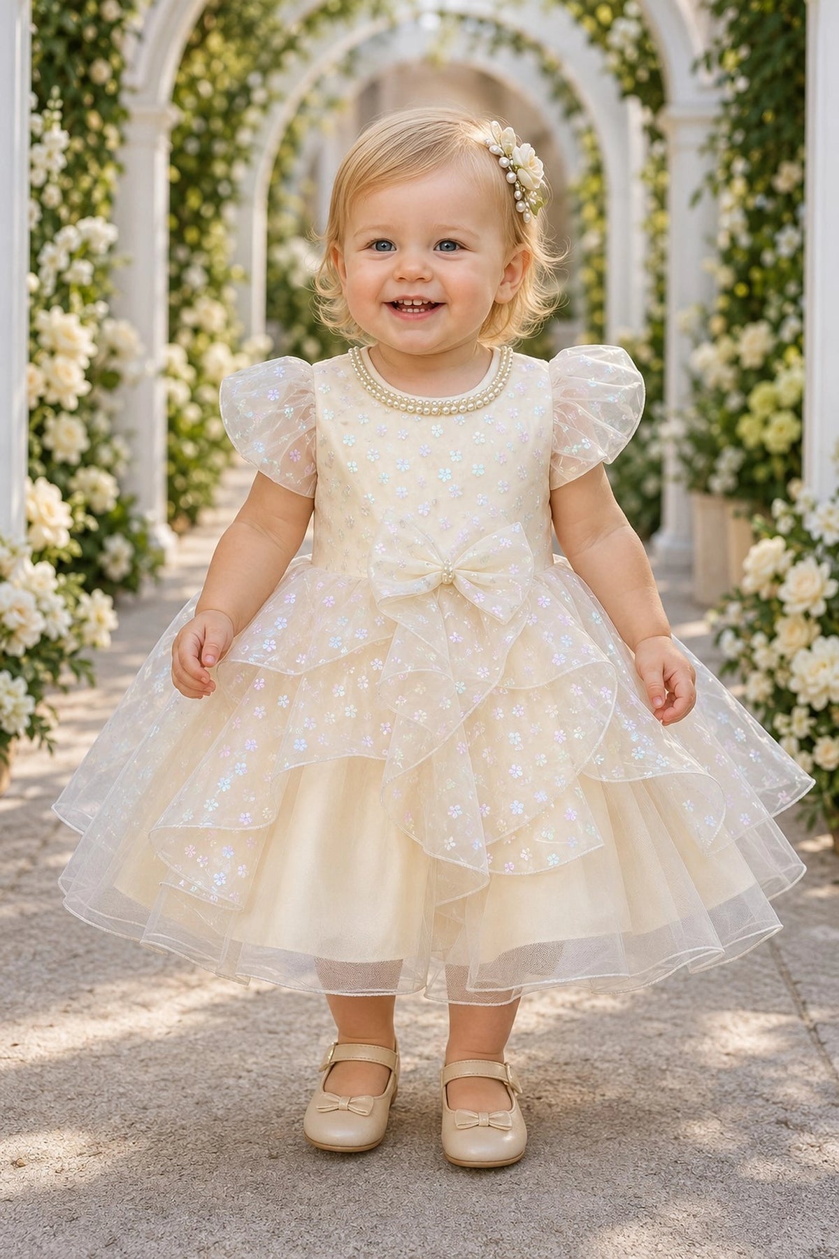 Showcasing a pearl-trimmed neckline, this Champagne kids dress has a full skirt.