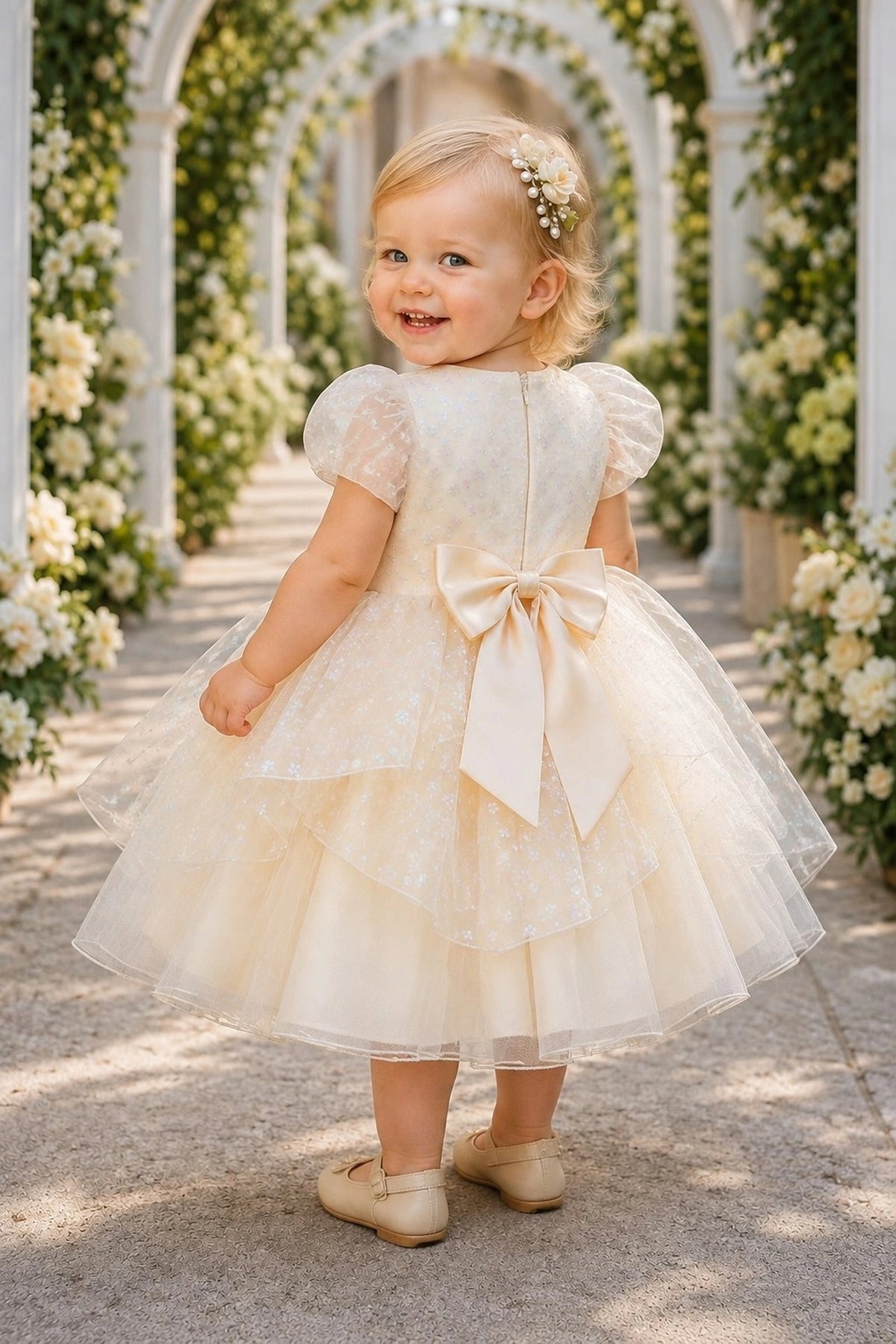 Tied at the back, the Champagne kids dress features a large bow.