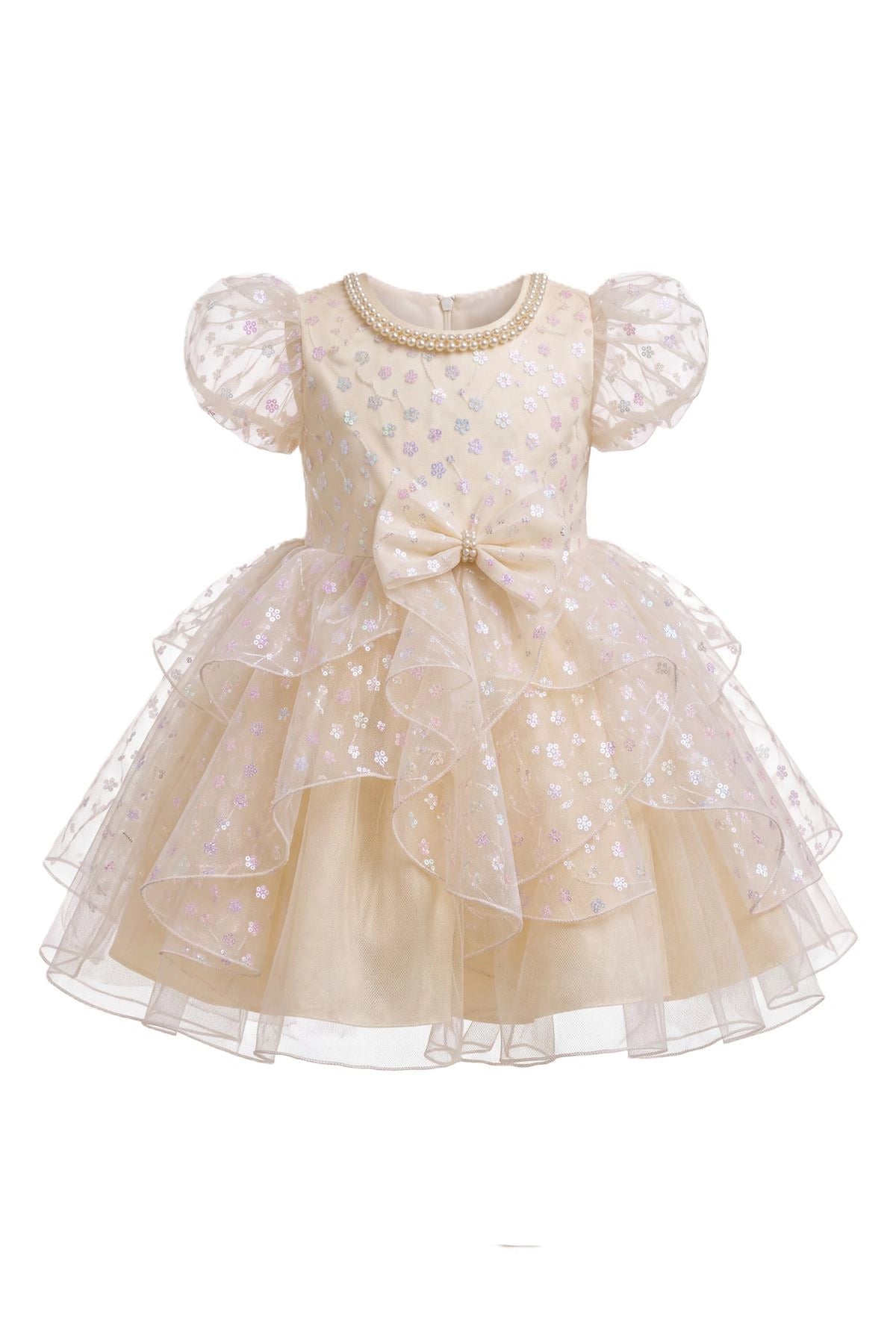 Layered shaping highlights a pearl-trimmed neckline on the Champagne kids dress.