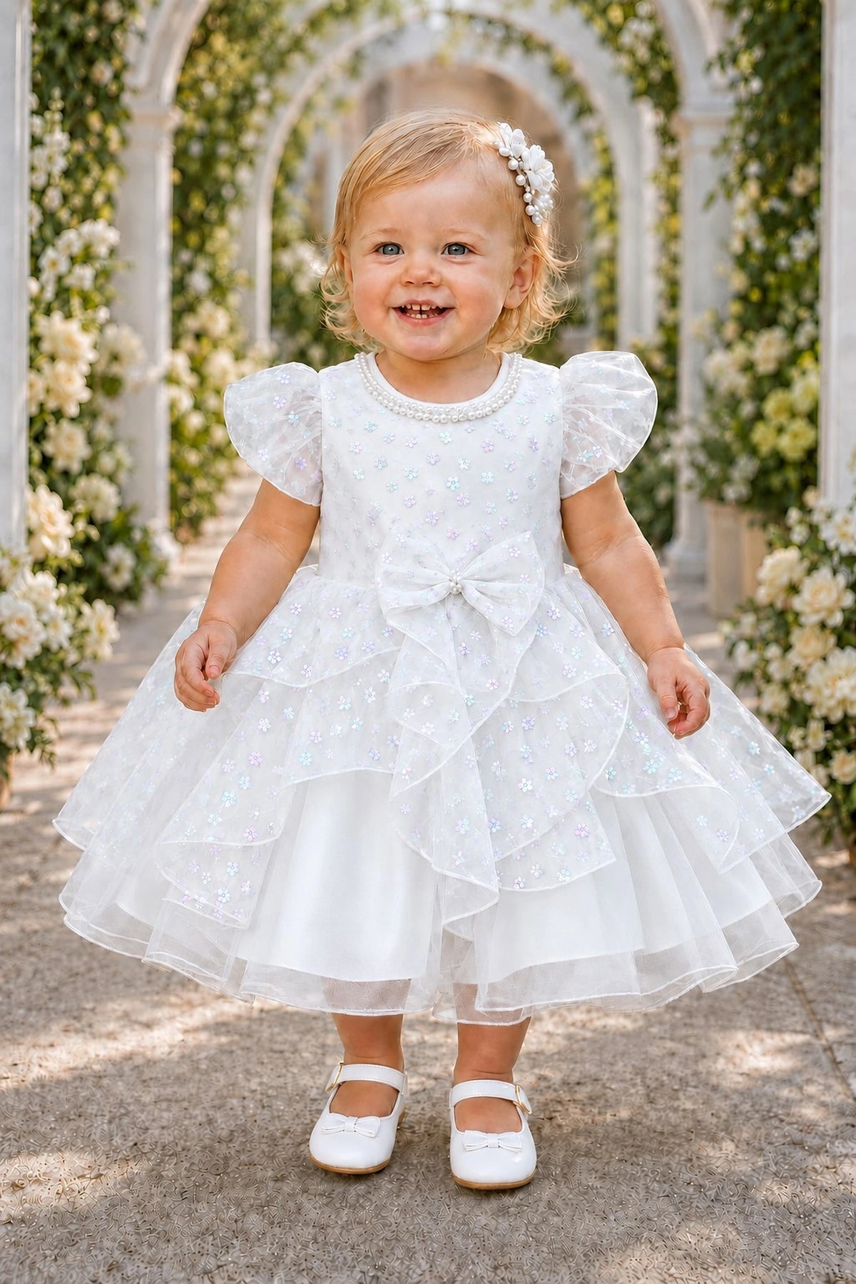 Showcasing a pearl-trimmed neckline, this Off-White kids dress has a full skirt.