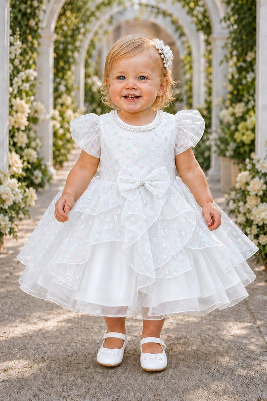 Showcasing a pearl-trimmed neckline, this Off-White kids dress has a full skirt.