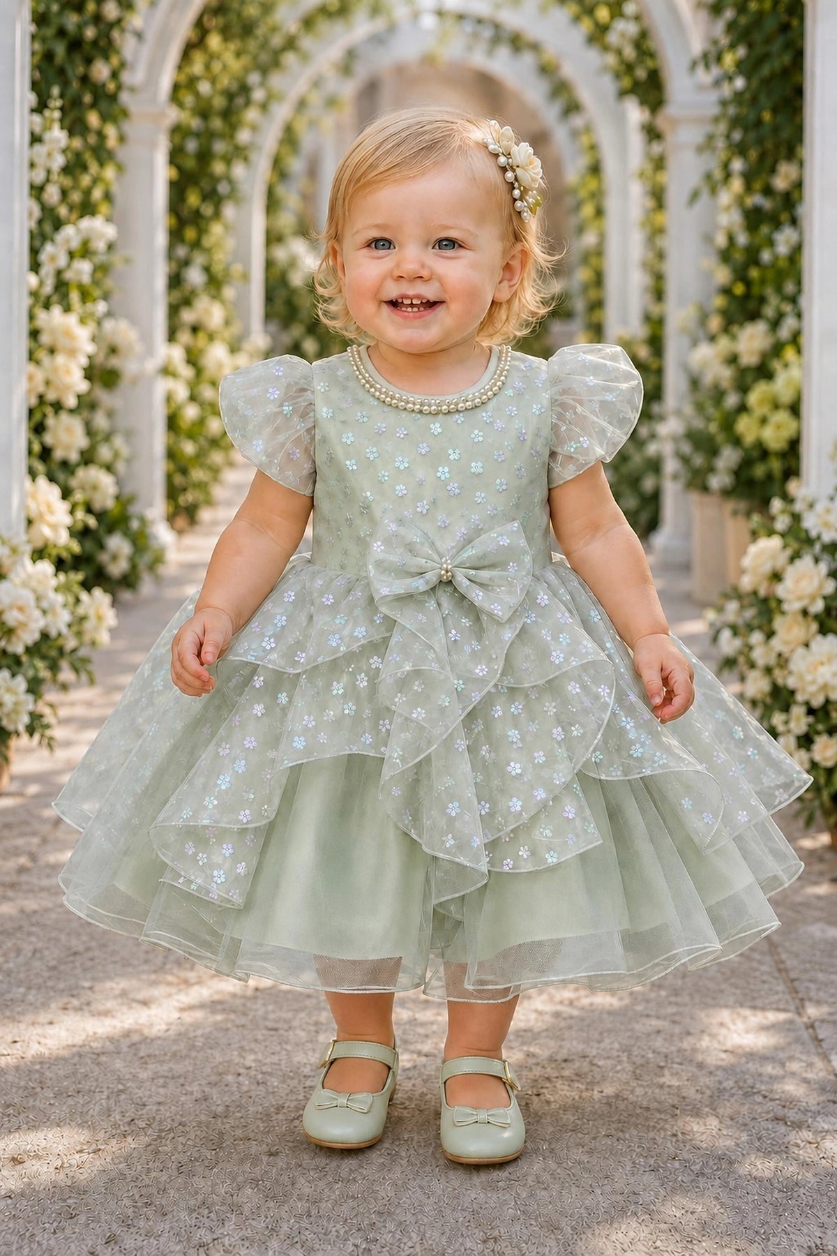 Showcasing a pearl-trimmed neckline, this Sage kids dress has a full skirt.