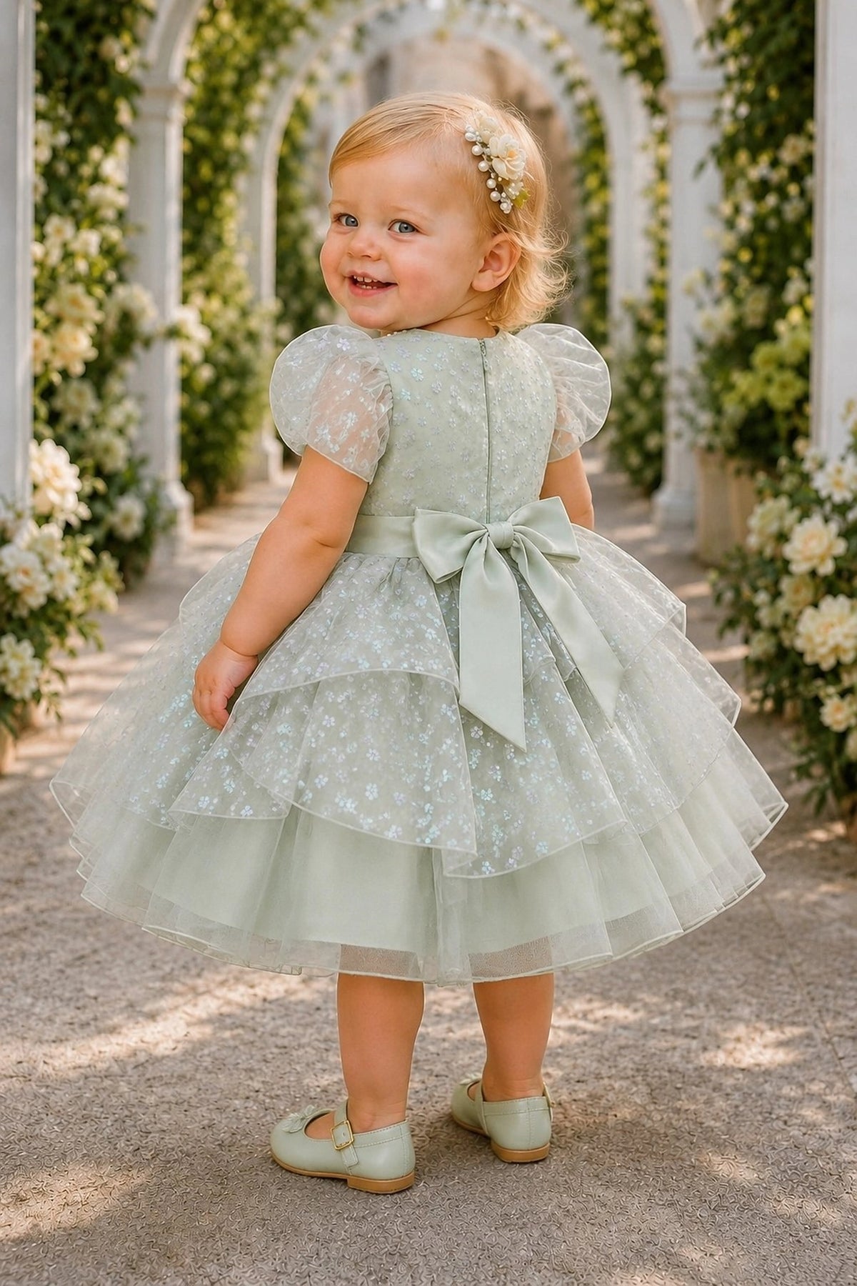 Tied at the back, the Sage kids dress features a large bow.