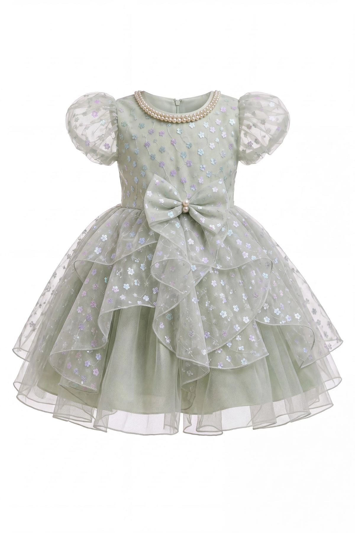 Layered shaping highlights a pearl-trimmed neckline on the Sage kids dress.