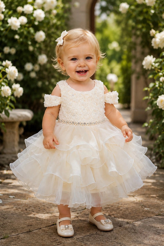 Showcasing dimensional rosettes across the bodice, this Champagne kids dress has a full skirt.