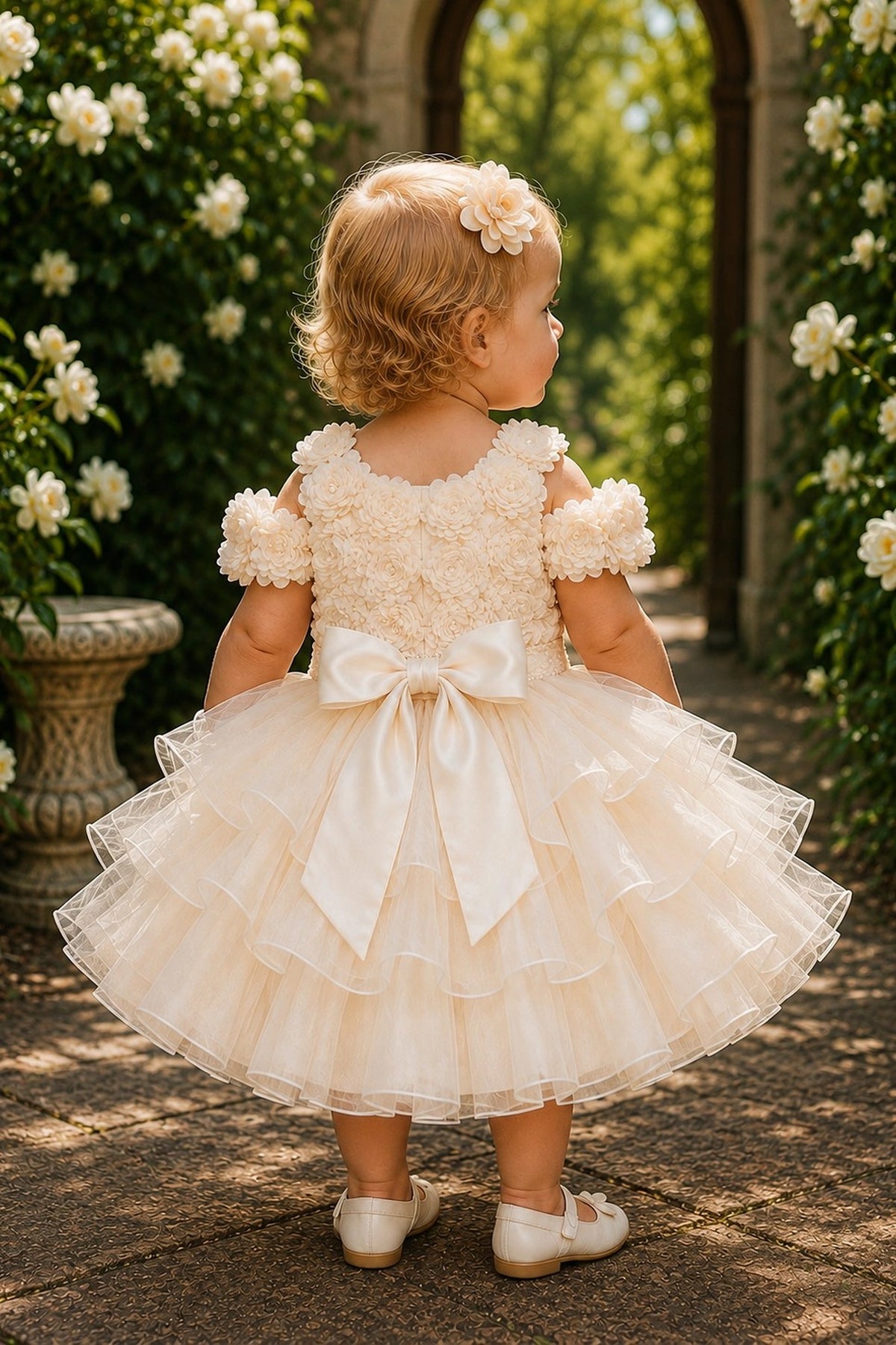 Tied at the back, the Champagne kids dress features a large bow.
