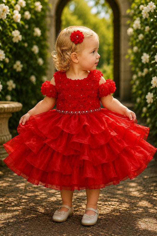 Showcasing dimensional rosettes across the bodice, this Red kids dress has a full skirt.