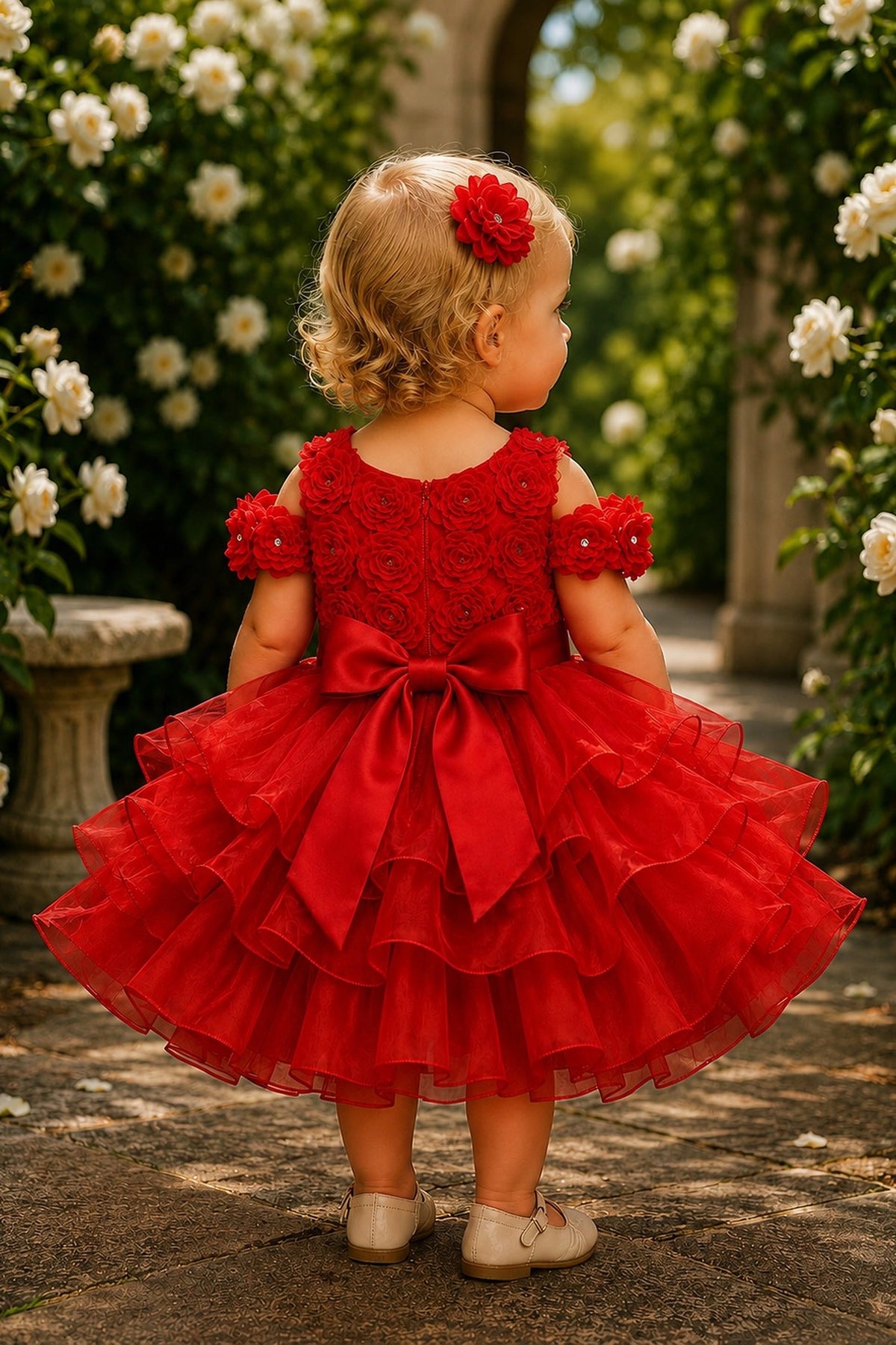 Tied at the back, the Red kids dress features a large bow.