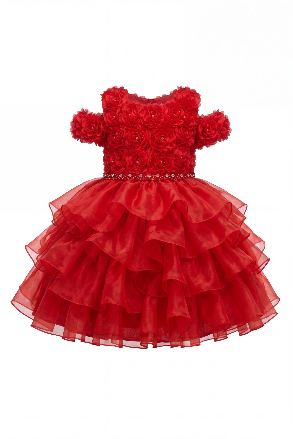 Layered shaping highlights dimensional rosettes across the bodice on the Red kids dress.