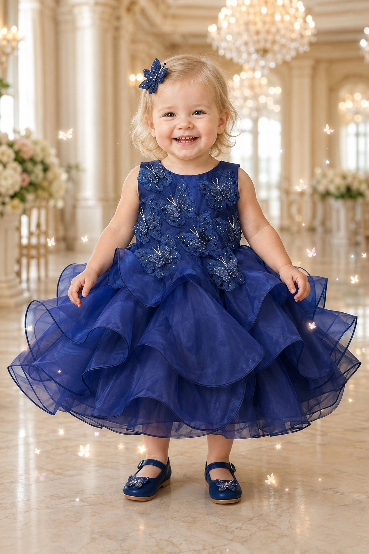 Showcasing raised butterfly appliques, this Navy kids dress has a full skirt.