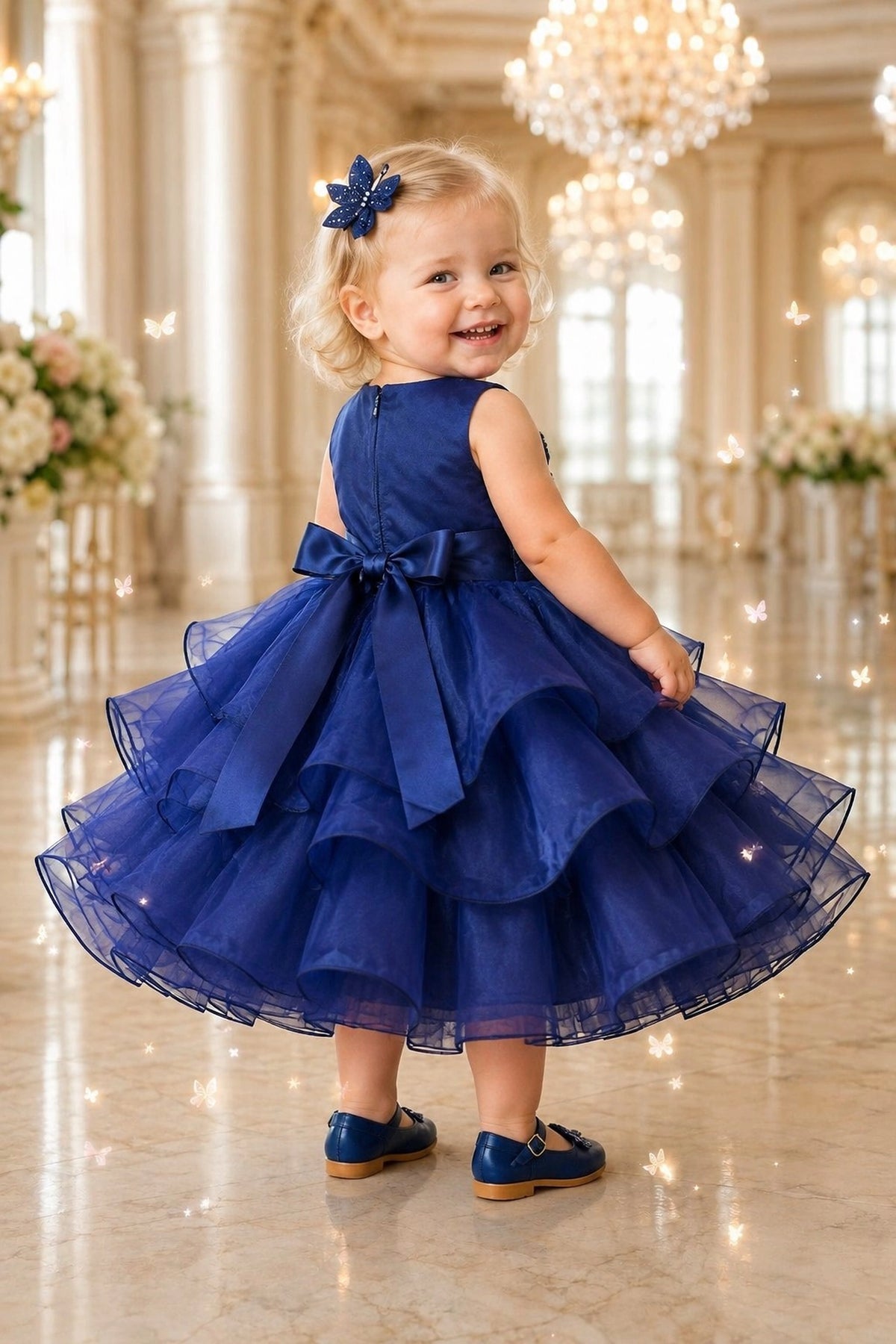 Tied at the back, the Navy kids dress features a large bow.