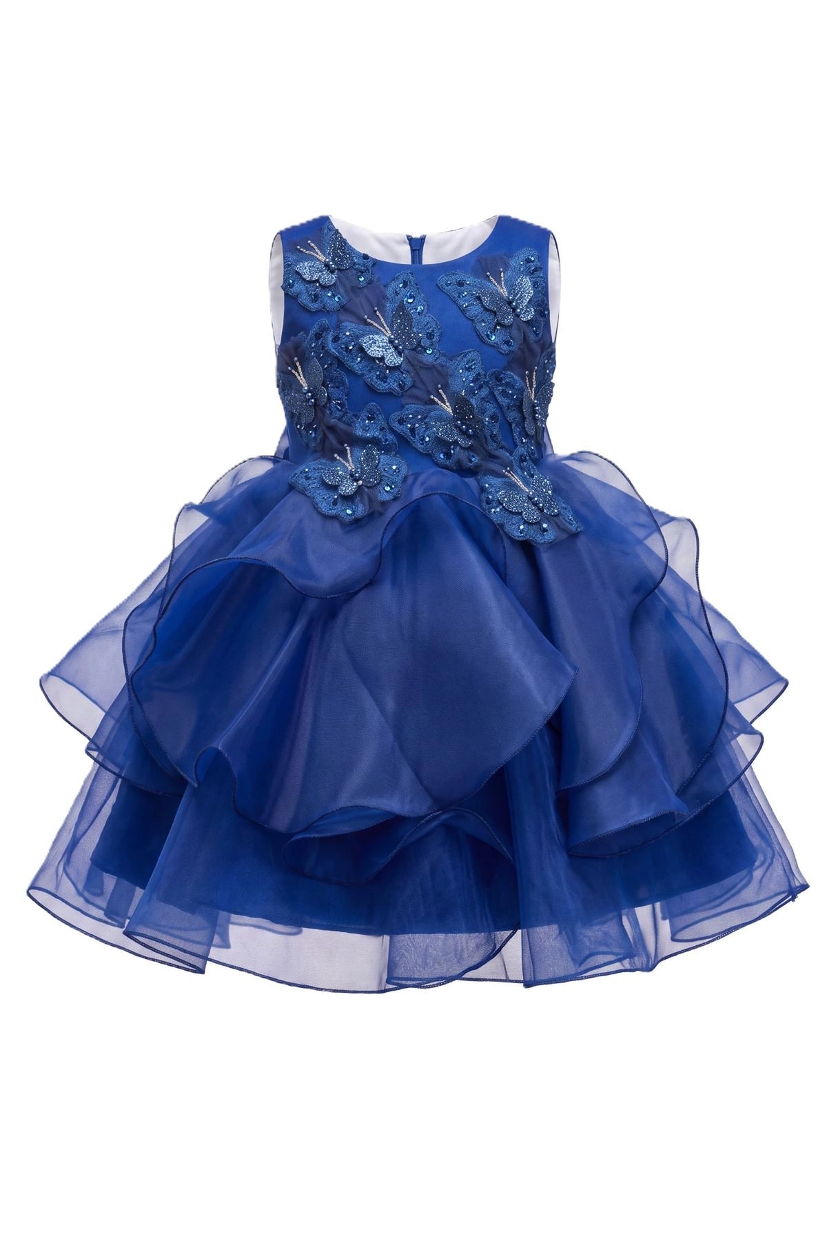 Layered shaping highlights raised butterfly appliques on the Navy kids dress.
