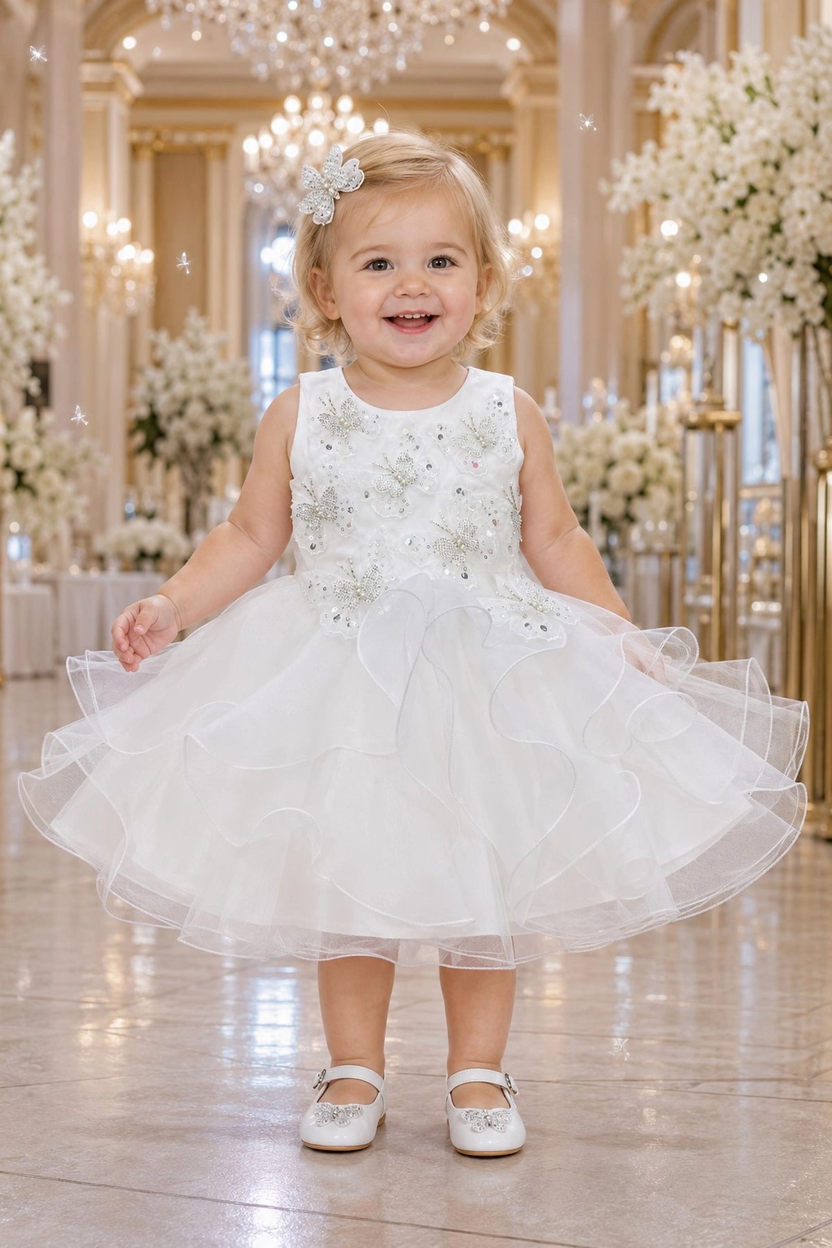 Showcasing raised butterfly appliques, this Off-White kids dress has a full skirt.