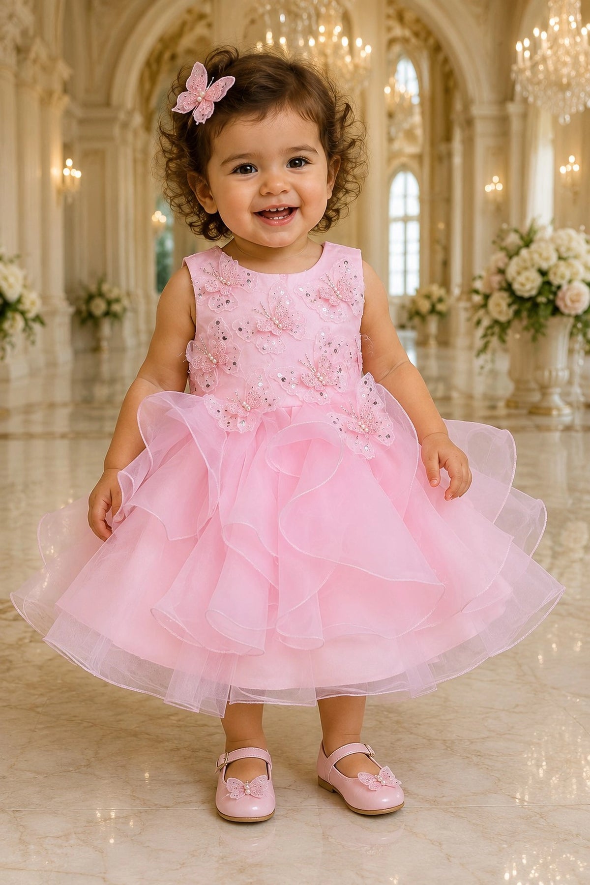 Showcasing raised butterfly appliques, this Pink kids dress has a full skirt.
