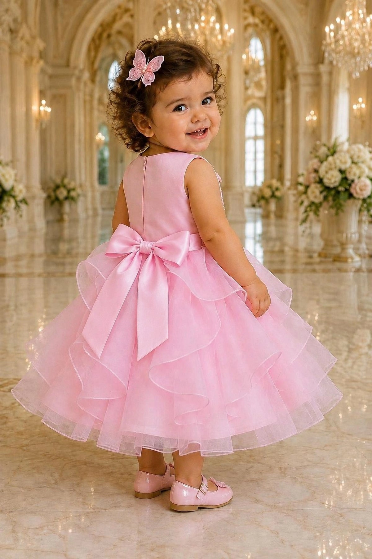 Tied at the back, the Pink kids dress features a large bow.