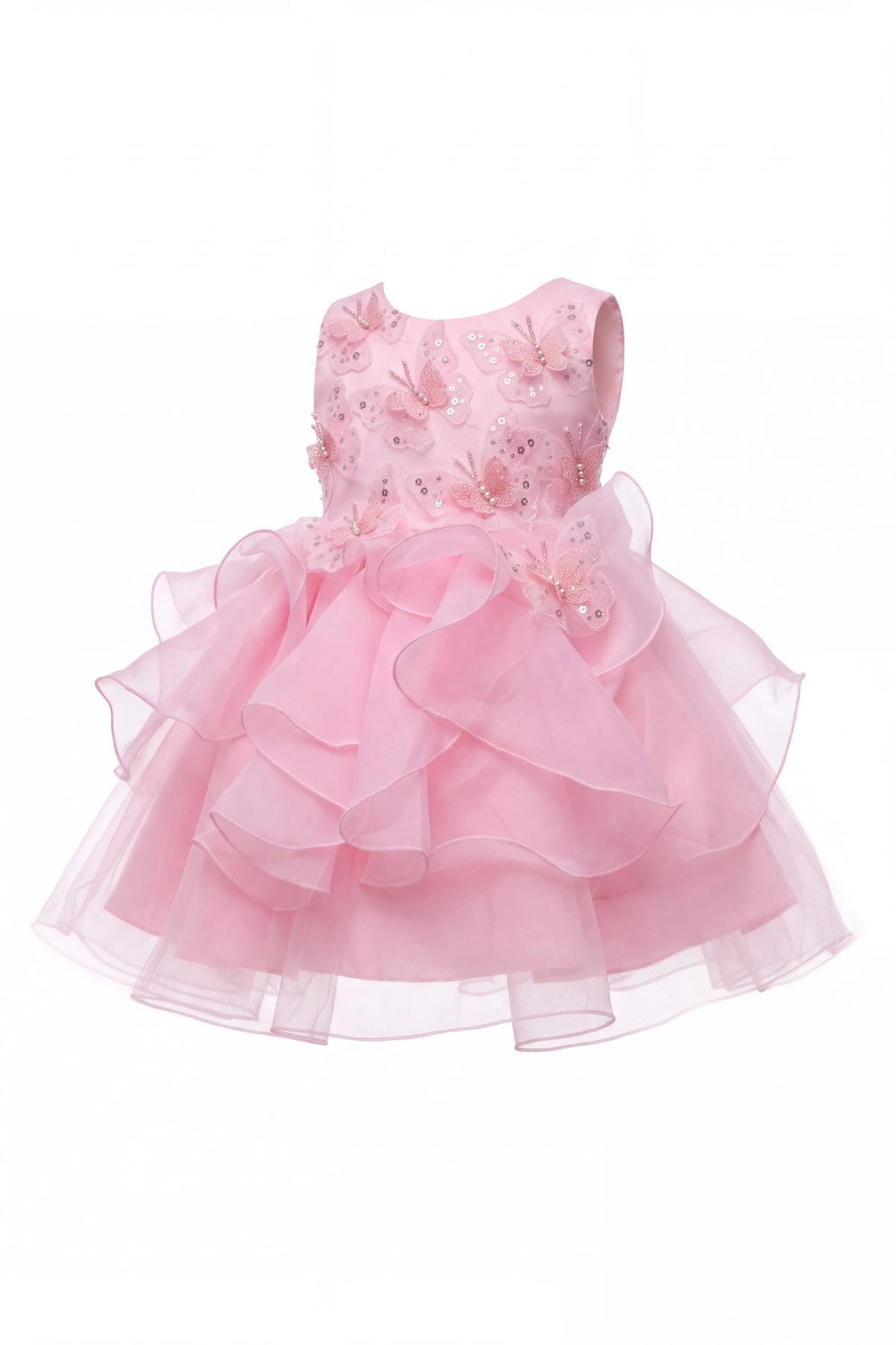 Layered shaping highlights raised butterfly appliques on the Pink kids dress.