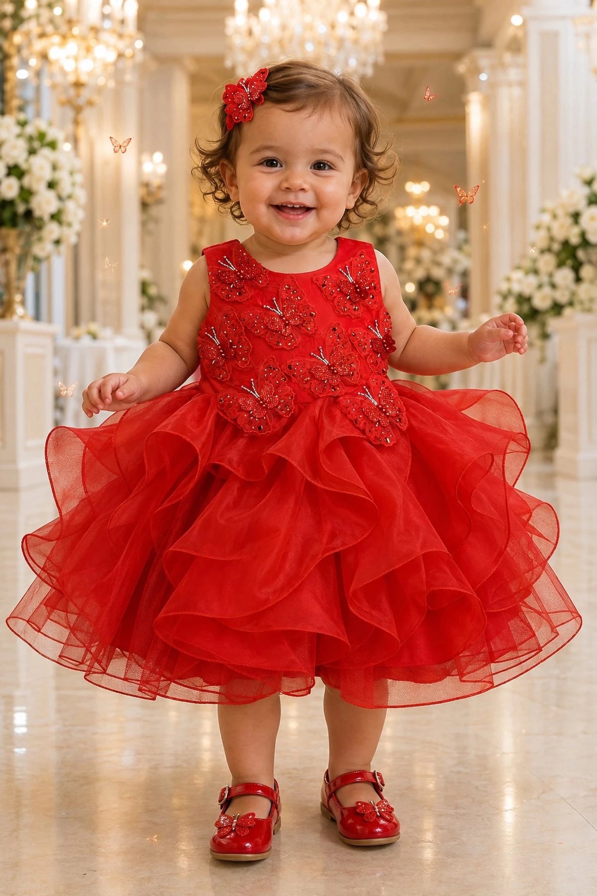Showcasing raised butterfly appliques, this Red kids dress has a full skirt.