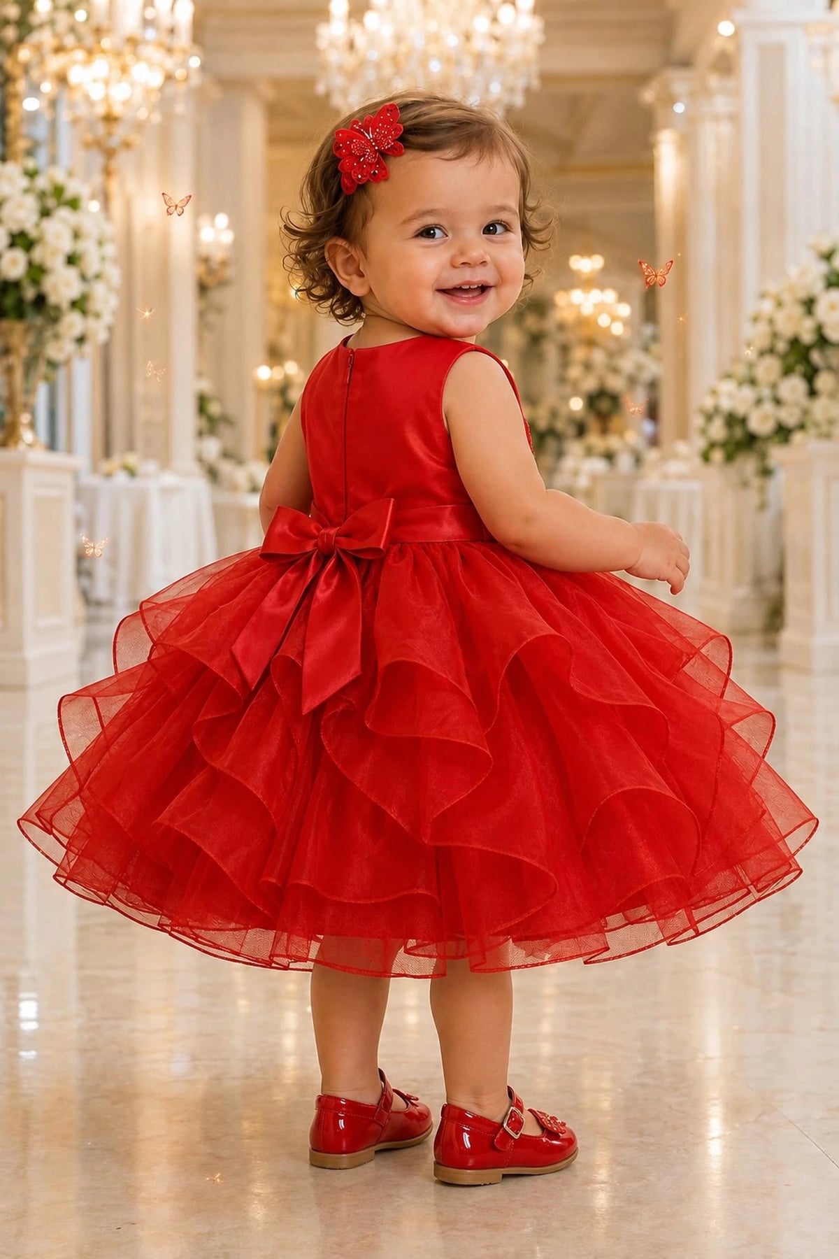Tied at the back, the Red kids dress features a large bow.