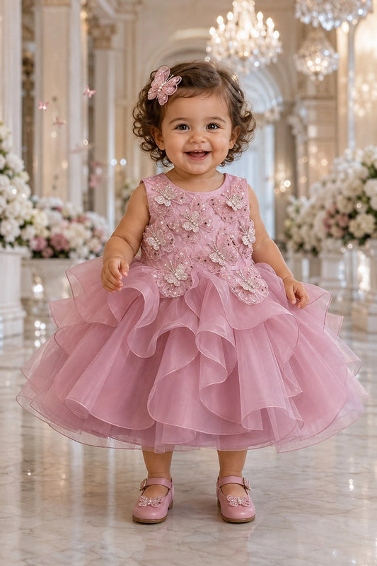 Showcasing raised butterfly appliques, this Rose kids dress has a full skirt.