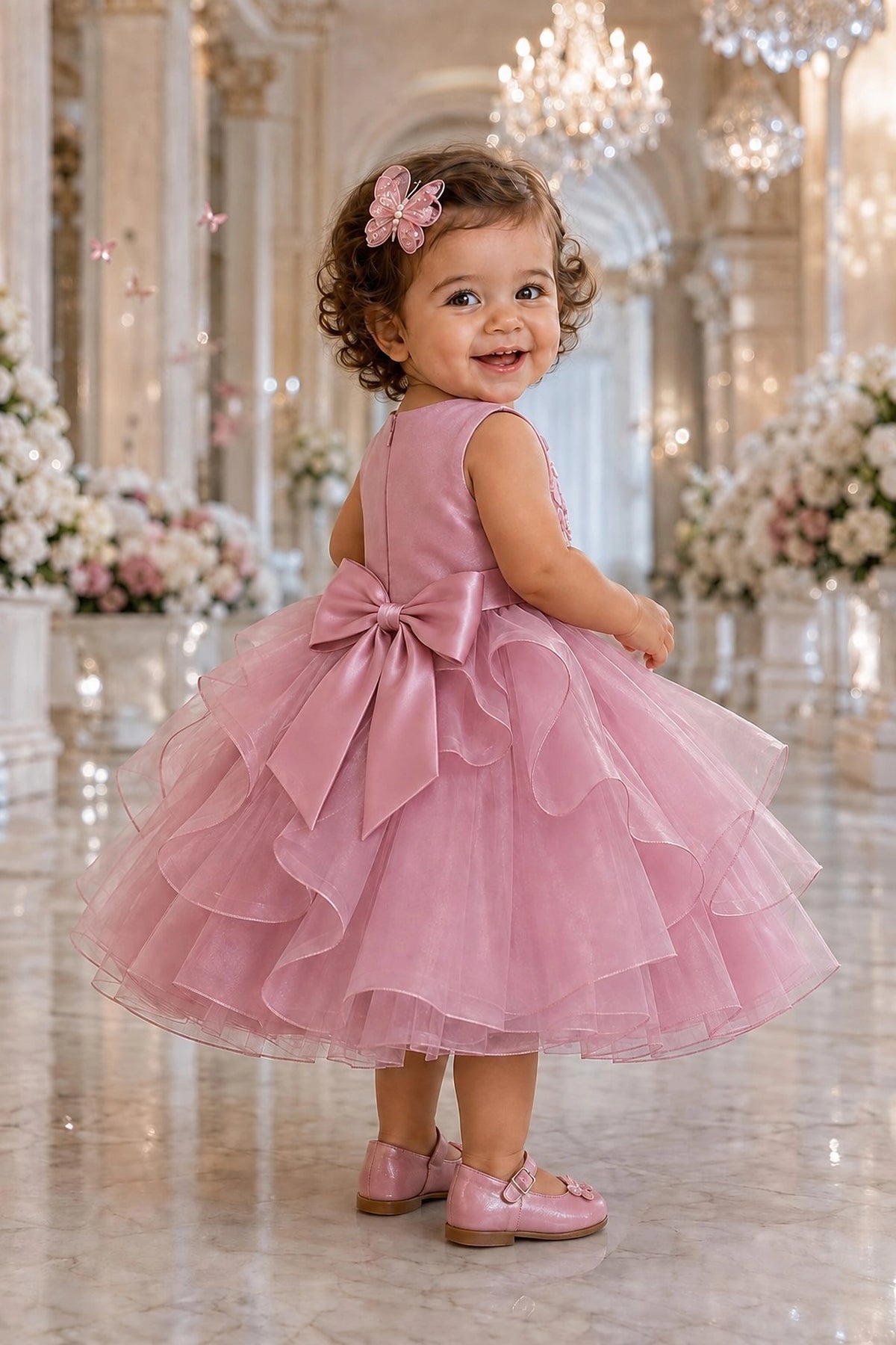 Tied at the back, the Rose kids dress features a large bow.