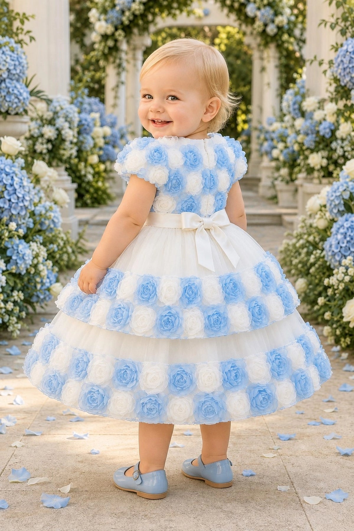 Tied at the back, the Blue kids dress features a large bow.