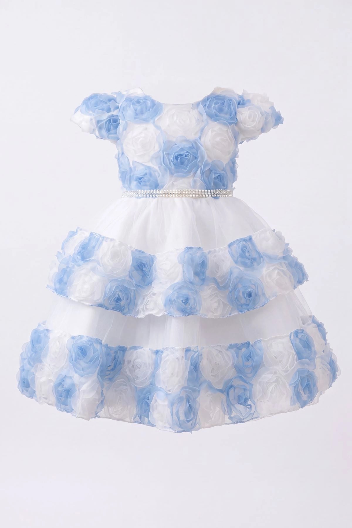Layered shaping highlights rosette flowers across the skirt tiers on the Blue kids dress.