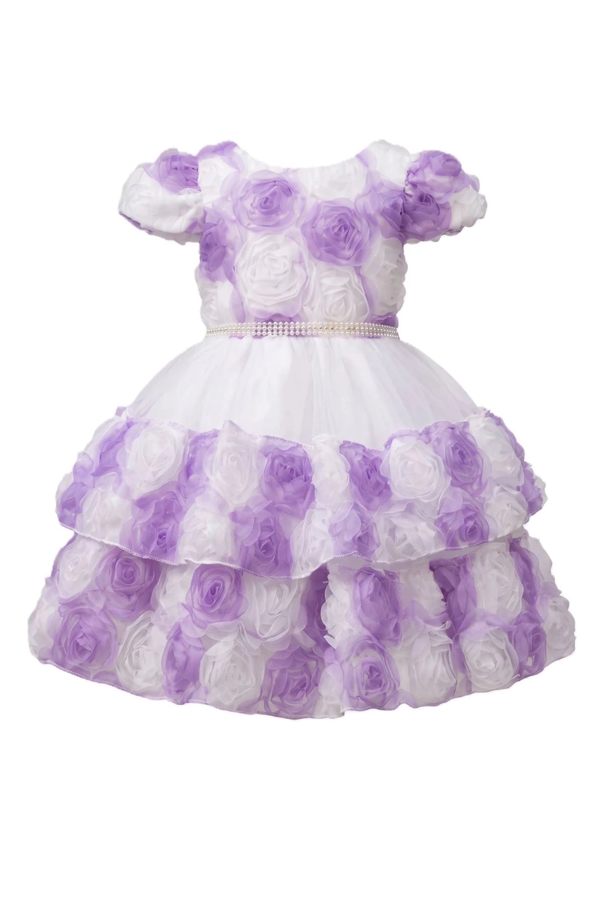 Layered shaping highlights rosette flowers across the skirt tiers on the Lilac kids dress.