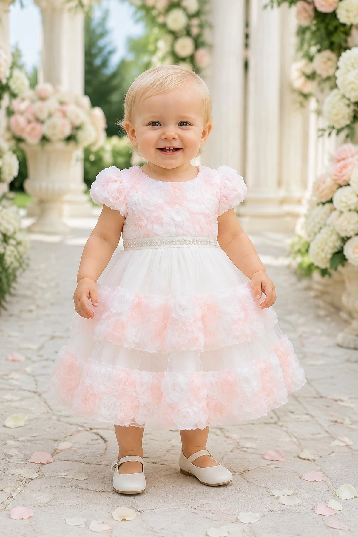 Showcasing rosette flowers across the skirt tiers, this Pink kids dress has a full skirt.