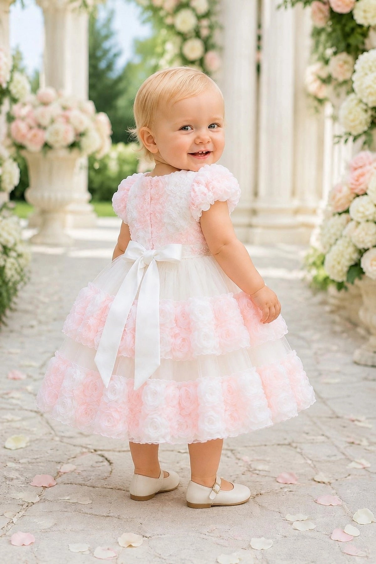 Tied at the back, the Pink kids dress features a large bow.