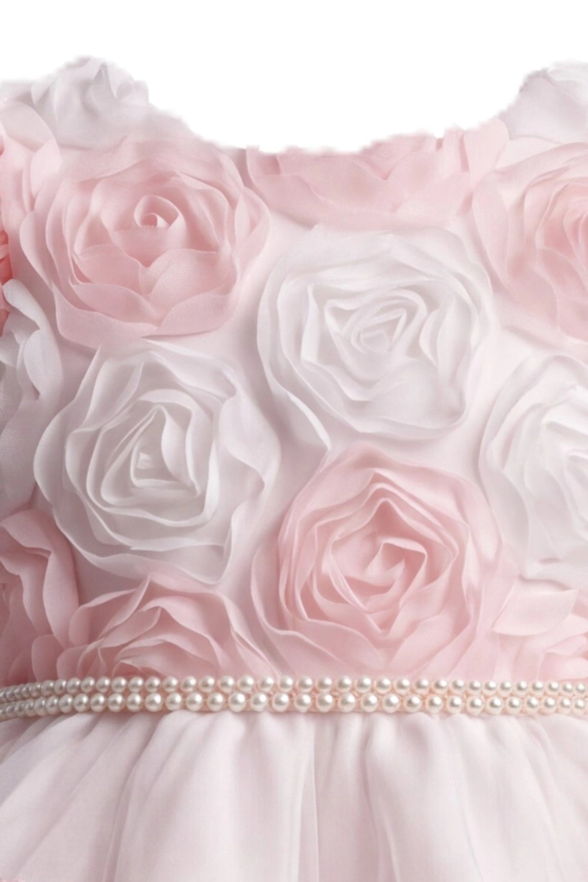 Detailed a pearl-trimmed waist complements the Pink kids dress.