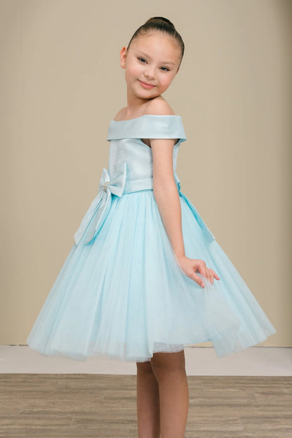 Featuring off-shoulder band and flared tulle hem on the Blue flower girl dress.