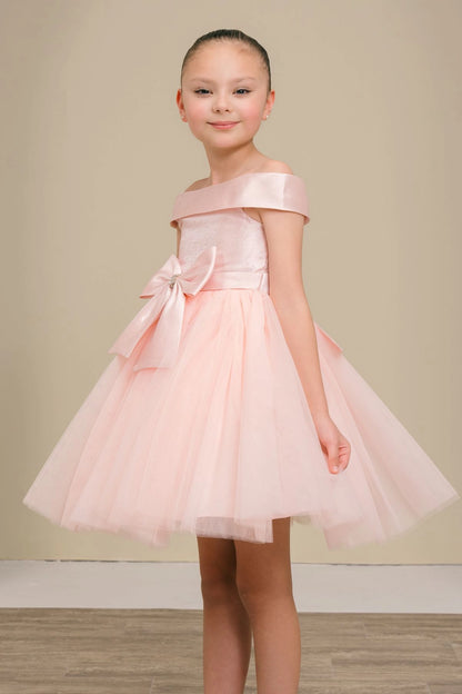 Featuring off-shoulder bodice above the full skirt on the Blush flower girl dress.