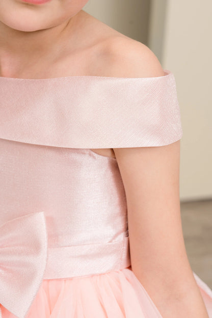 Details of the Blush flower girl dress include folded satin band at the neckline.