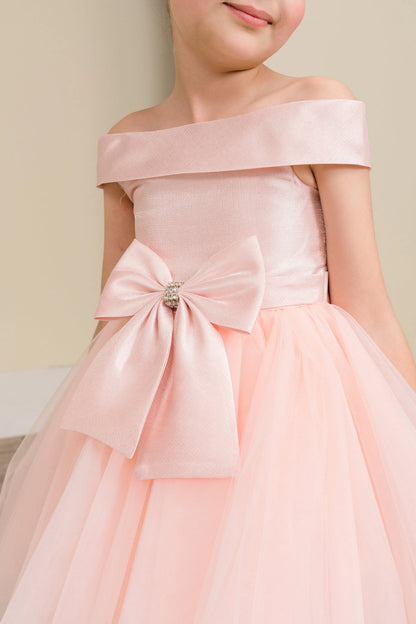 Visible on this Blush flower girl dress: front satin bow with a jeweled center.