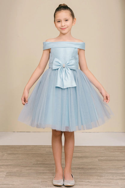 Dusty Blue flower girl dress features large bow above a layered tulle skirt.