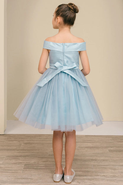 A Dusty Blue flower girl dress showing back satin bow below the folded neckline band.