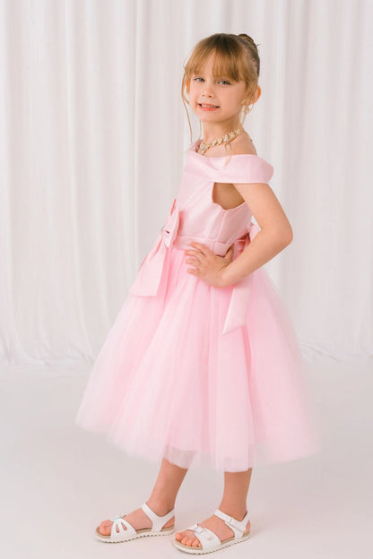 Featuring layered tulle skirt below the satin bodice on the Pink flower girl dress.
