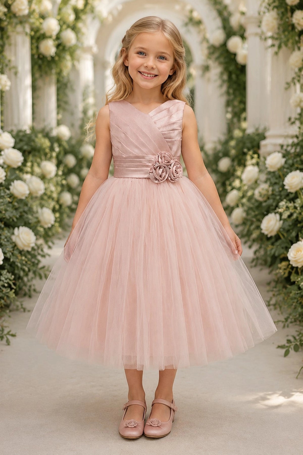 Showcasing rosette flowers at the waist, this Blush kids dress has a full skirt.
