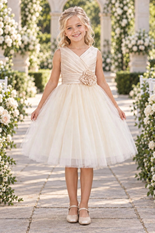 Showcasing rosette flowers at the waist, this Champagne kids dress has a full skirt.
