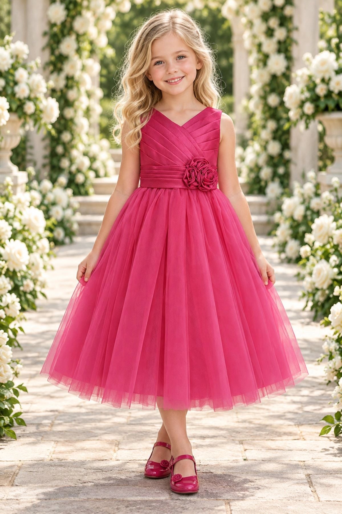 Showcasing rosette flowers at the waist, this Fuchsia kids dress has a full skirt.