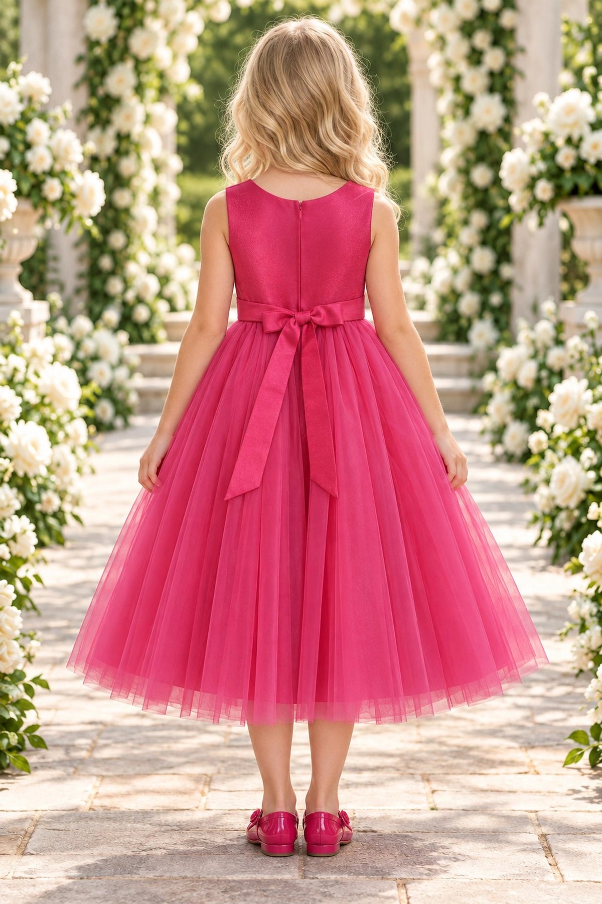Tied at the back, the Fuchsia kids dress features a large bow.