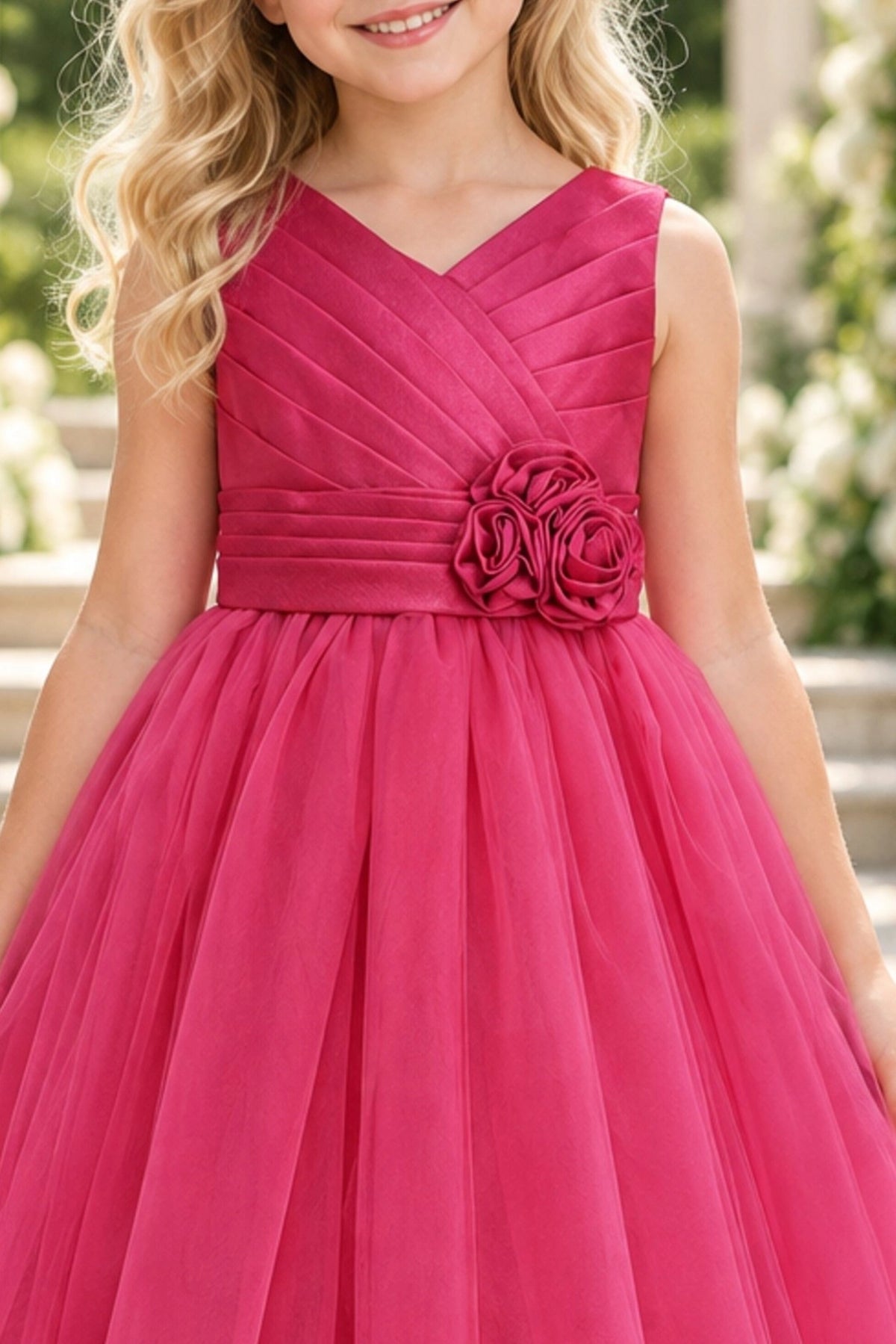 Layered shaping highlights rosette flowers at the waist on the Fuchsia kids dress.