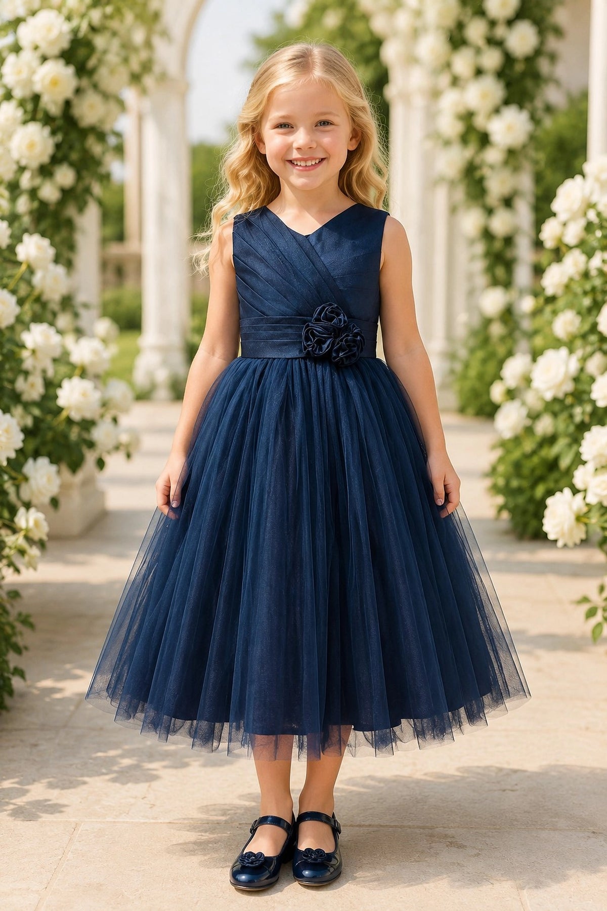 Showcasing rosette flowers at the waist, this Navy kids dress has a full skirt.