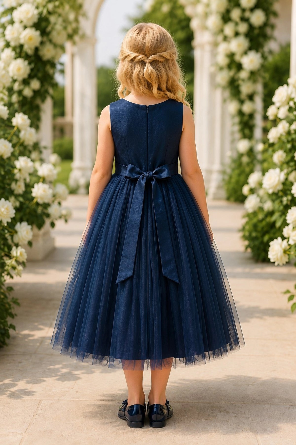 Tied at the back, the Navy kids dress features a large bow.