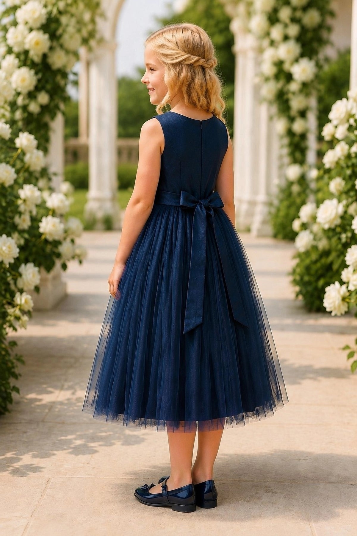 Finished with a back bow, this Navy kids dress shows its rear construction.