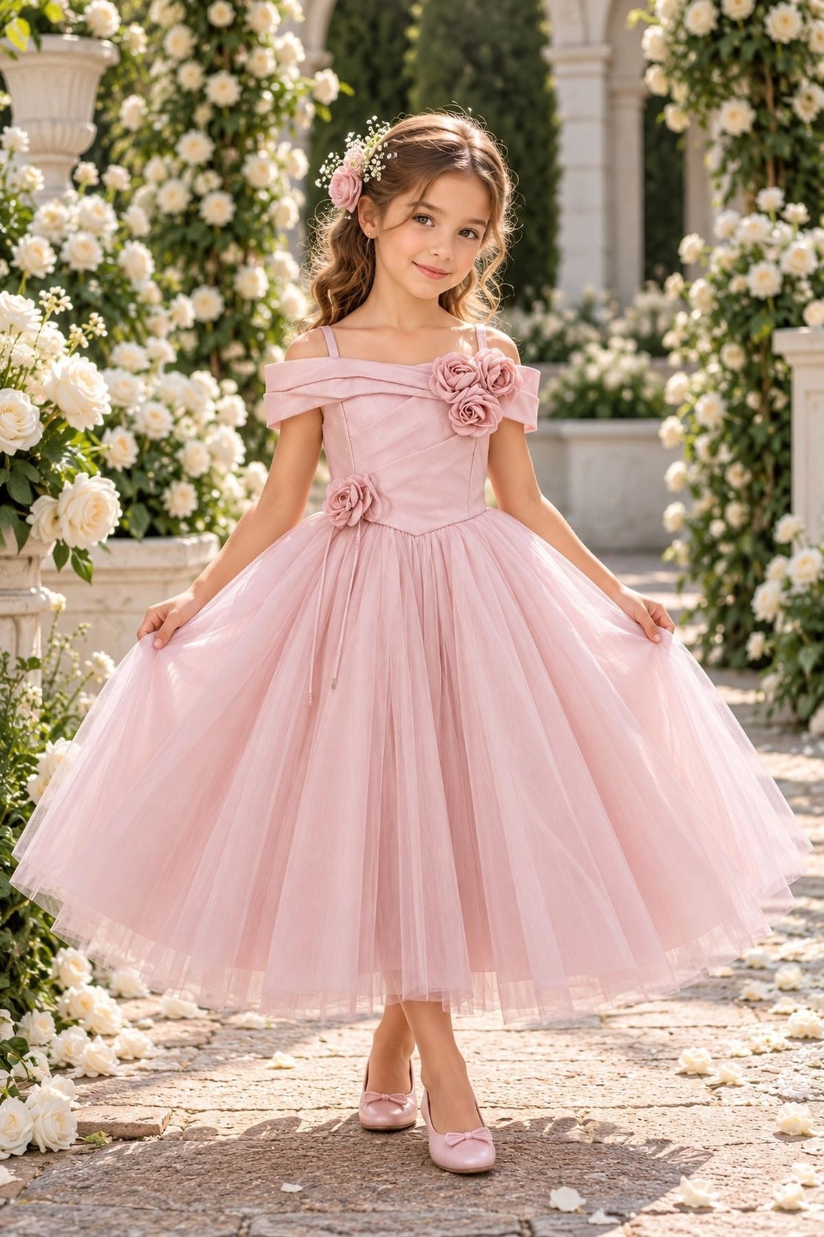 Showcasing rosette accents along the bodice, this Blush kids dress has a full skirt.